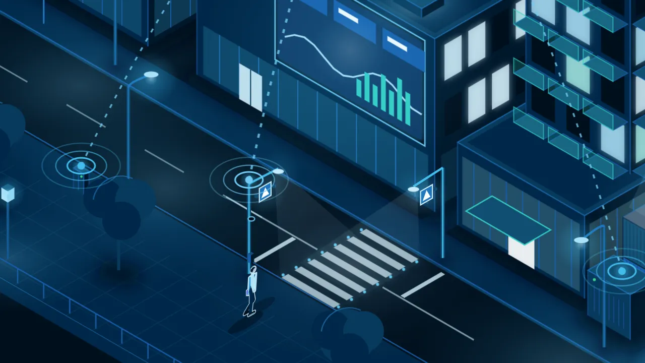 Illustration: a man walks up to a zebra crossing at night; the crossing is still at rest.