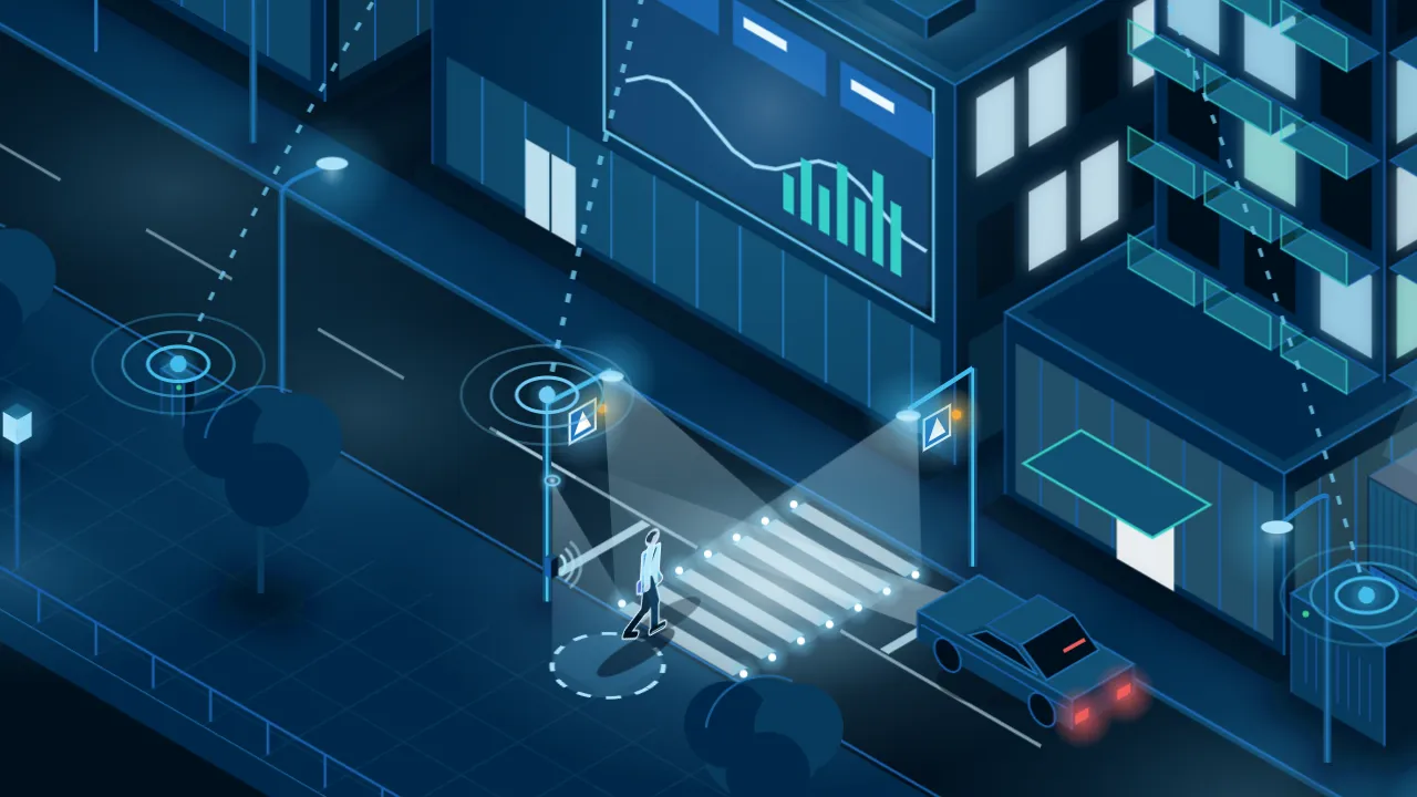 Illustration: floodlights on both poles light the zebra as the man steps onto it, and a car waits at the stop line.