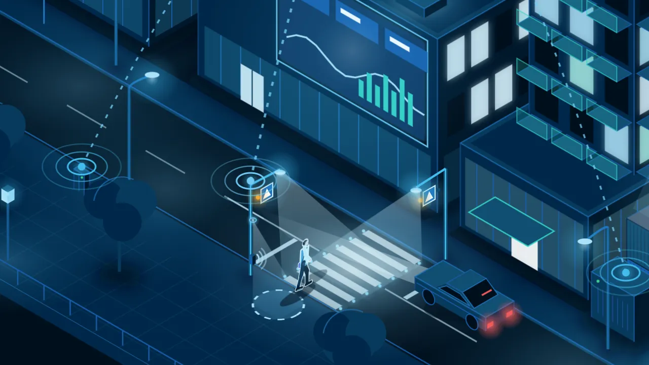 Illustration: sound waves come from a speaker on the crossing pole while the man crosses.
