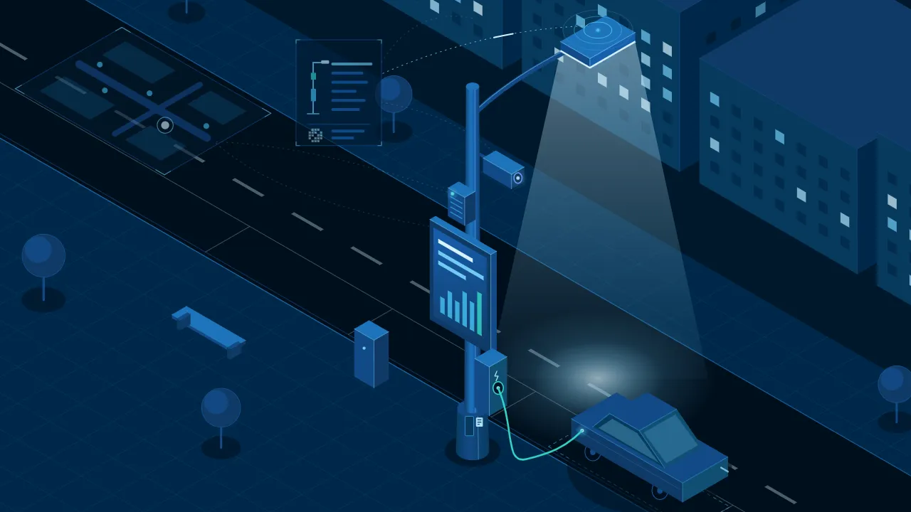 Illustration: the light on the pole’s arm is on and lights the road below.