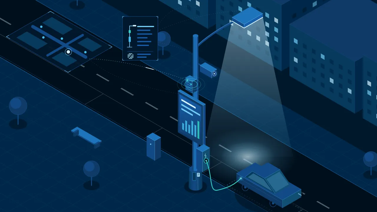 Illustration: rings around the environmental sensor on the pole, and a data link from the sensor to the map of the street.