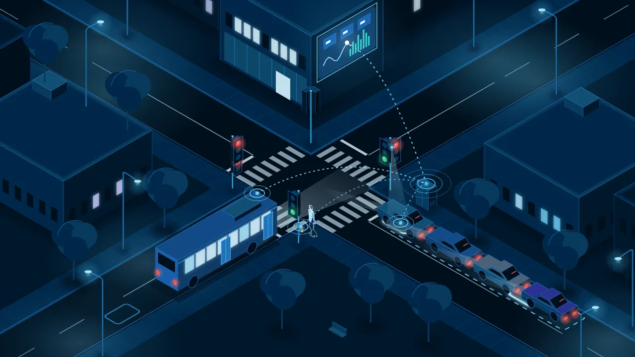 Illustration of a junction at night with traffic signals, detectors and a signal controller.