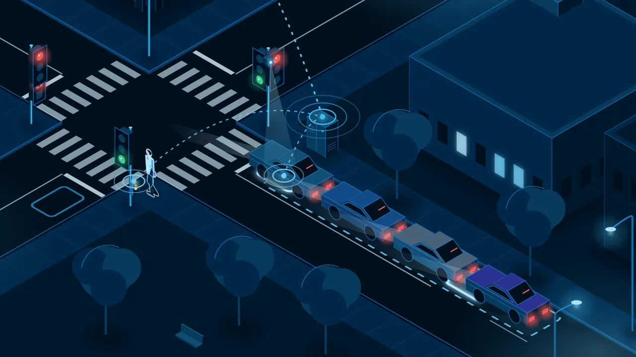 Illustration: the detector loops under the waiting cars light up, and a detector on the signal pole watches the queue.