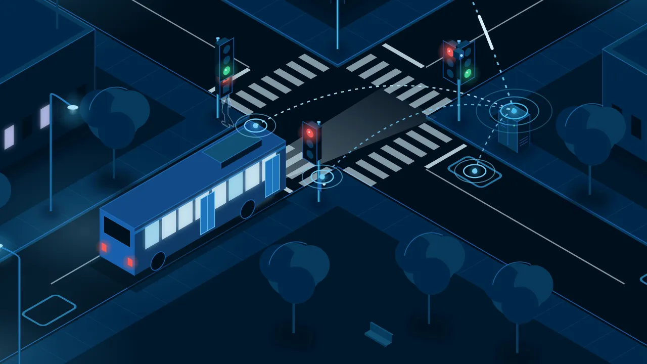 Illustration: a bus reaches the stop line on the side road and sends a priority request to the signal controller.