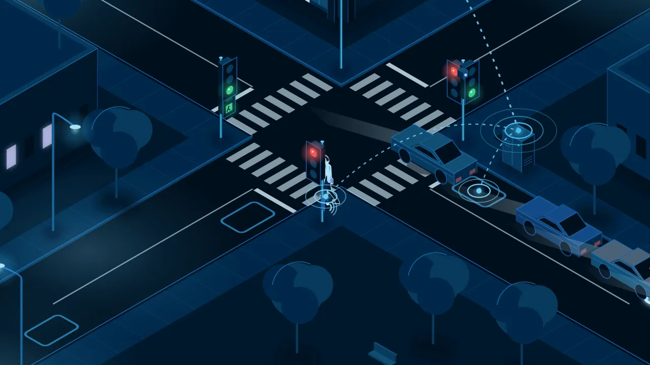 Illustration: the green man is on, sound waves come from the push button on the pole, and a pedestrian crosses.
