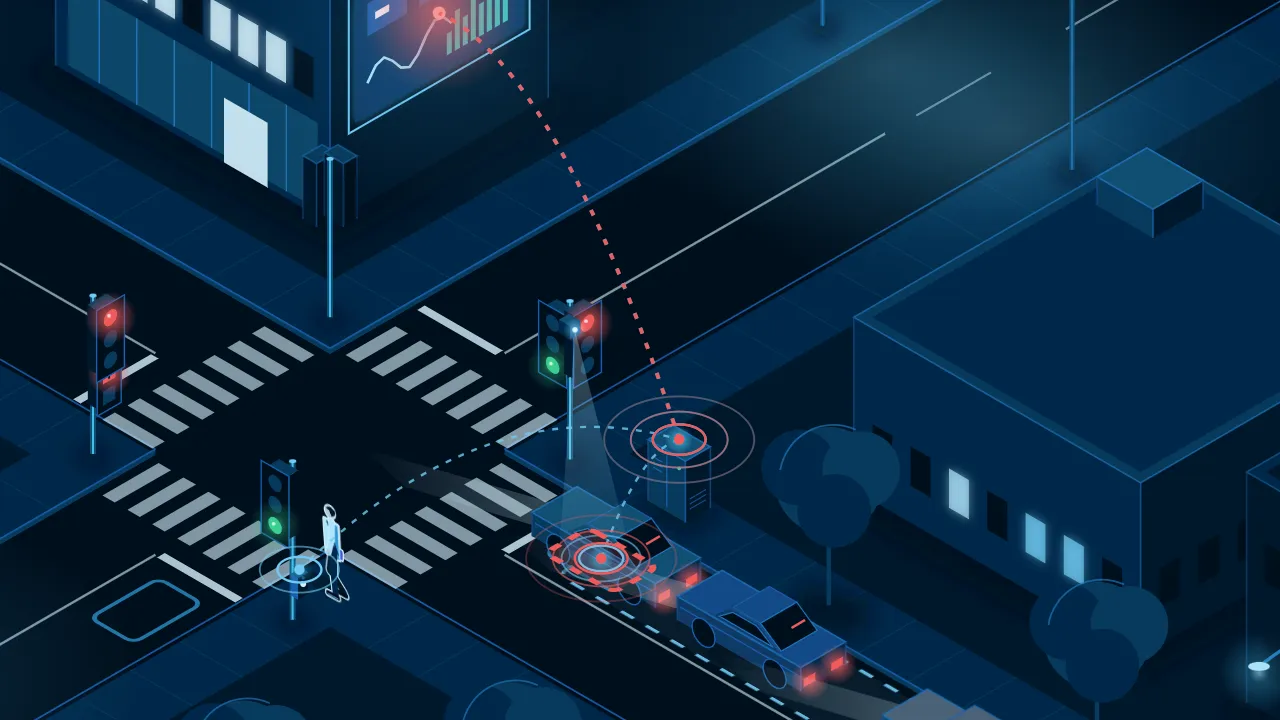 Illustration: the detector loop at the stop line turns red, and an alarm runs from the cabinet to the control screens.