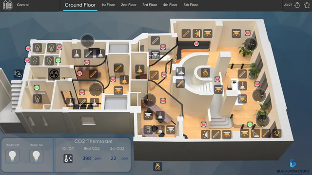 Office building control screen: 3D plan of the ground floor with light switches, lux readings and status lights in each room, and a CO2 thermostat panel.
