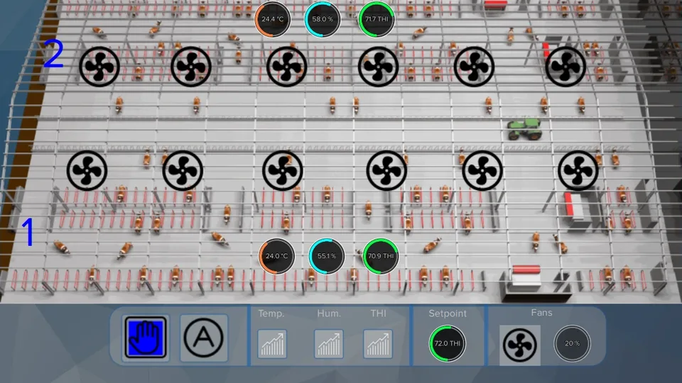 Close-up of the same Adamakis farm screen: the two barns with twelve fans on the plan, the readings above each barn, and barn 1’s hand and auto buttons, chart buttons, setpoint and fan speed.
