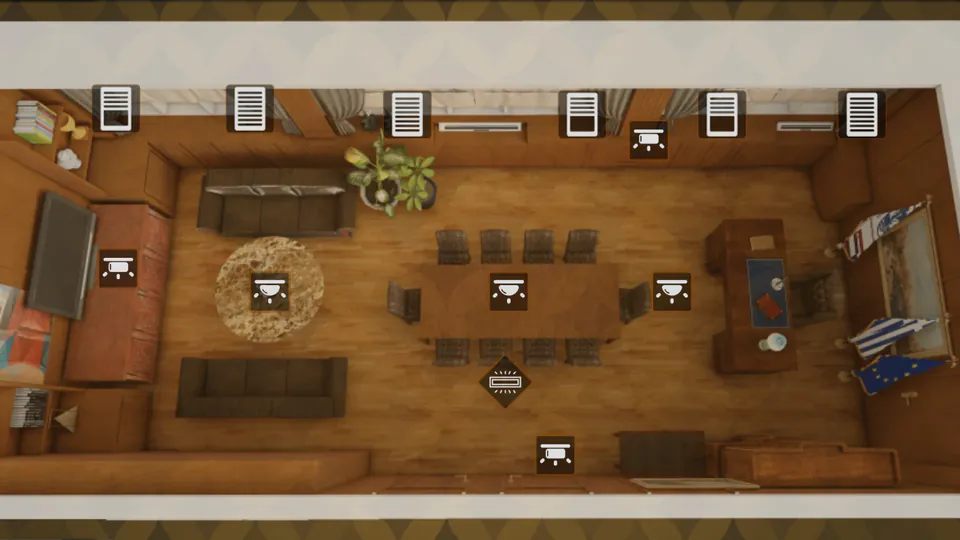 Top-down 3D view of a municipal office with light and roller-blind controls on the plan, a meeting table, sofas and a desk.