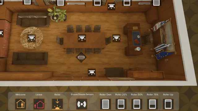 Top-down 3D view of a municipal office with light and roller-blind controls on the plan, and scene buttons for Welcome, Leave and Relax, sensors on and off, and roller-blind positions.