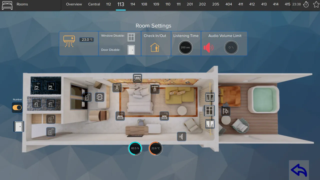 Room 113 control screen at the Myconian Collection Sunrise Hotel: 3D plan of the suite with light and blind controls, plus air conditioning, window and door contacts, check-in status and an audio volume limit.