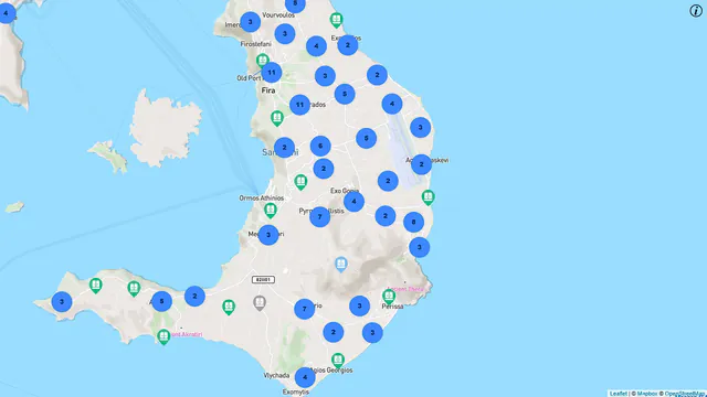 Map of Santorini showing clusters of street-lighting supply pillars, numbered by area.