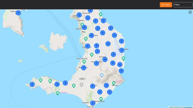 Map of Santorini with the Pillars layer selected, showing clusters of street-lighting supply pillars, numbered by area, and single pillar markers.