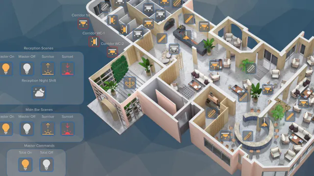 Hotel reception control screen: 3D plan of the reception and bar with light controls, and scene buttons for sunrise, sunset, night shift and master on and off.