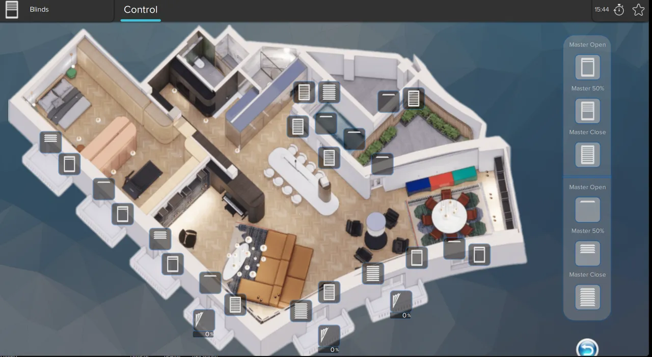 Blinds screen of a city apartment: a 3D plan of the apartment with a button at every blind, and the master buttons Master Open, Master 50% and Master Close.