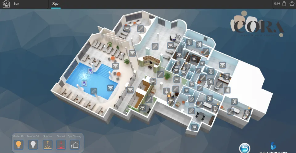 Spa lighting control screen at the Cora Resort and Spa, with the hotel’s logo: 3D plan of the spa with the pool, loungers and treatment rooms, a light button for each fitting, and scene buttons for Master On, Master Off, Sunrise, Sunset and Spa Closing.