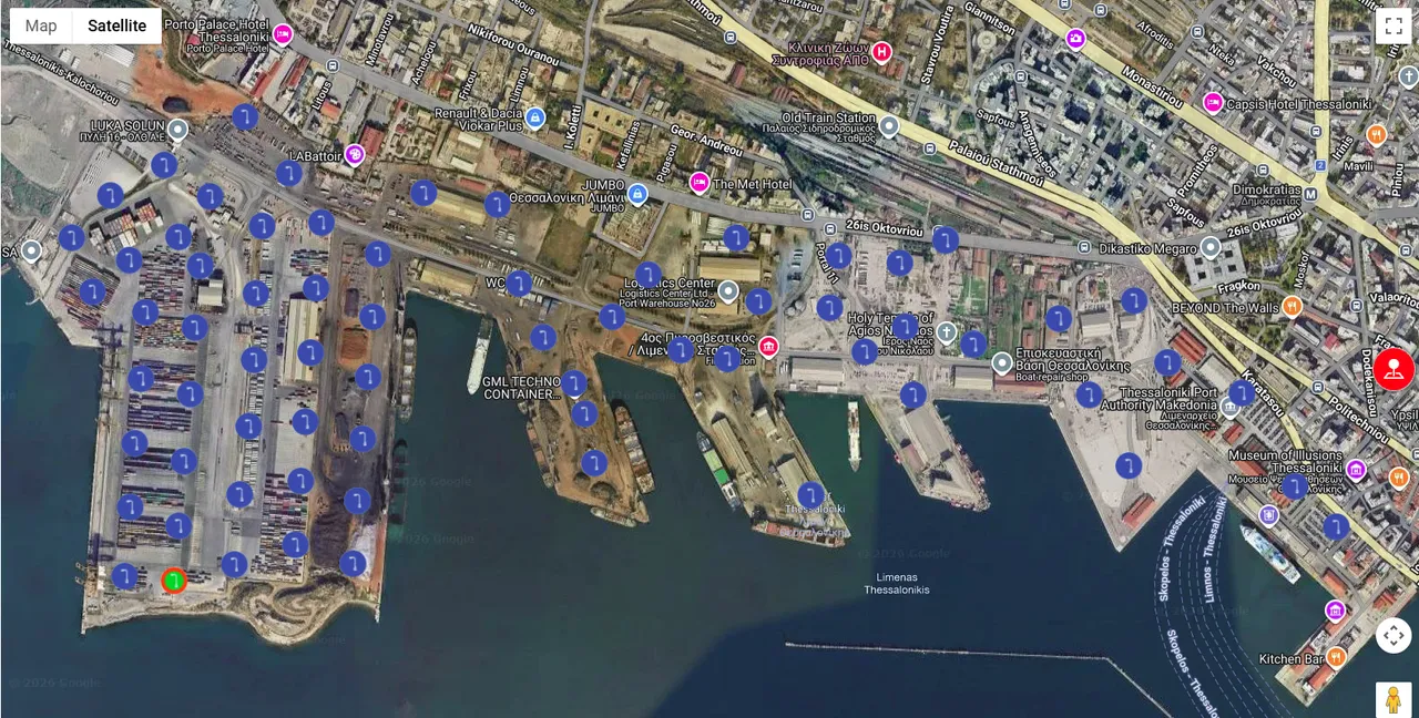 Port lighting control screen: a satellite map of the port of Thessaloniki with a marker for every high-mast light across the piers and quays, and a map or satellite switch.