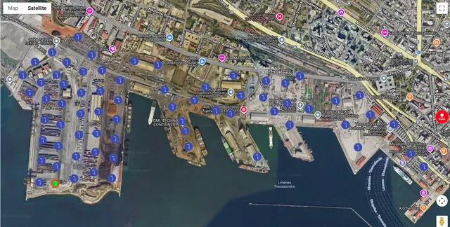 Port lighting control screen: a satellite map of the port of Thessaloniki with a marker for every high-mast light across the piers and quays.