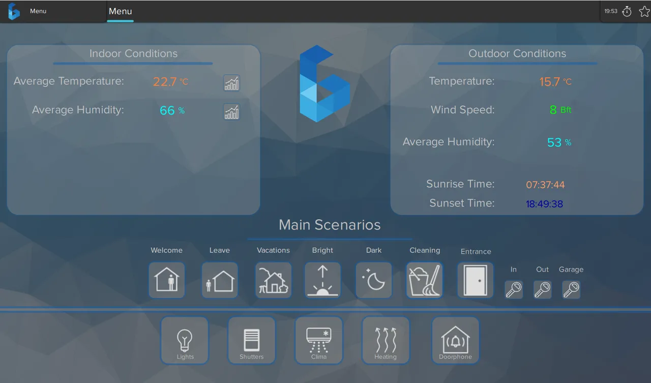 Home screen of a private villa: indoor conditions, Average Temperature 22.7 °C and Average Humidity 66 %, outdoor conditions with sunrise and sunset times, the Main Scenarios Welcome, Leave, Vacations, Bright, Dark, Cleaning and Entrance, and buttons for Lights, Shutters, Clima, Heating and Doorphone.