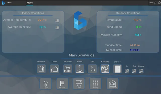 Home control screen of a private villa: indoor and outdoor conditions, and one-tap scenes such as Welcome, Leave and Vacations.